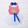 "Born Free" Gold USA  4th of July Red Stripe Sleeveless Dress, Leg Warmers & Blue Bow Headband - Grace and Lucille
