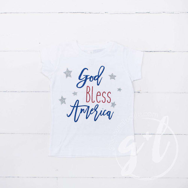 "God Bless America" 4th of July Tee Shirt Outfit & Silver Sequin Bow on Black Headband/Belt - Grace and Lucille