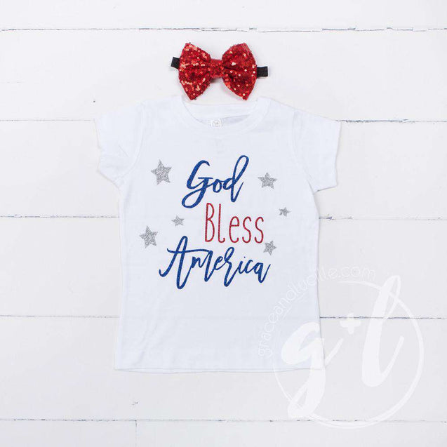 "God Bless America" 4th of July Tee Shirt Outfit & Red Sequin Bow on Black Two-in-One Headband/Belt - Grace and Lucille