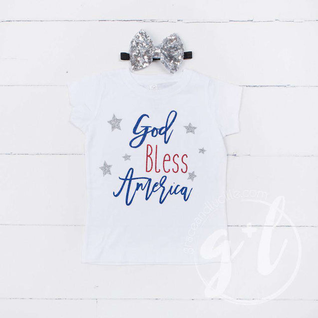 "God Bless America" 4th of July Tee Shirt Outfit & Silver Sequin Bow on Black Headband/Belt - Grace and Lucille