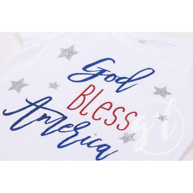 "God Bless America" 4th of July Tee Shirt Outfit &  White Sequin Bow on Red Two-in-One Headband/Belt - Grace and Lucille