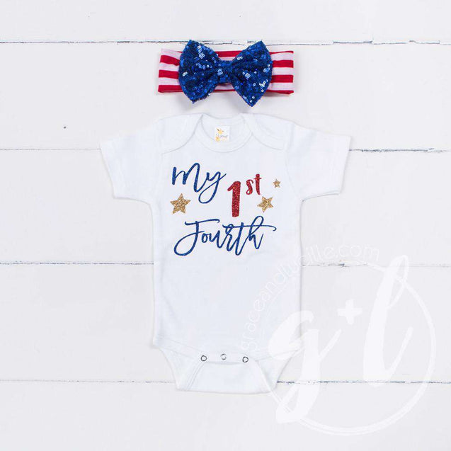 "My 1st FOURTH" 4th of July Onesie Combo Outfit & Blue Sequin Bow on Red Stripe Headband - Grace and Lucille