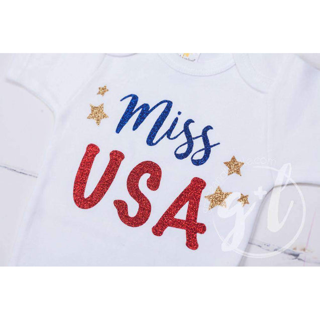 "Miss USA" 4th of July Onesie Outfit, Red Chevron Leg Warmers & Blue Sequin Bow Headband - Grace and Lucille