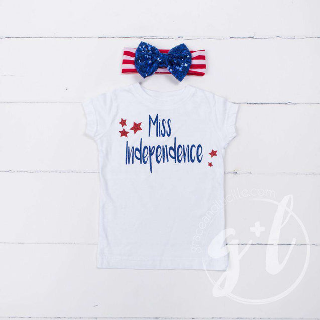 "Miss Independence" 4th of July Tee Shirt Outfit &  Blue Sequin Bow on Red Stripe Headband - Grace and Lucille