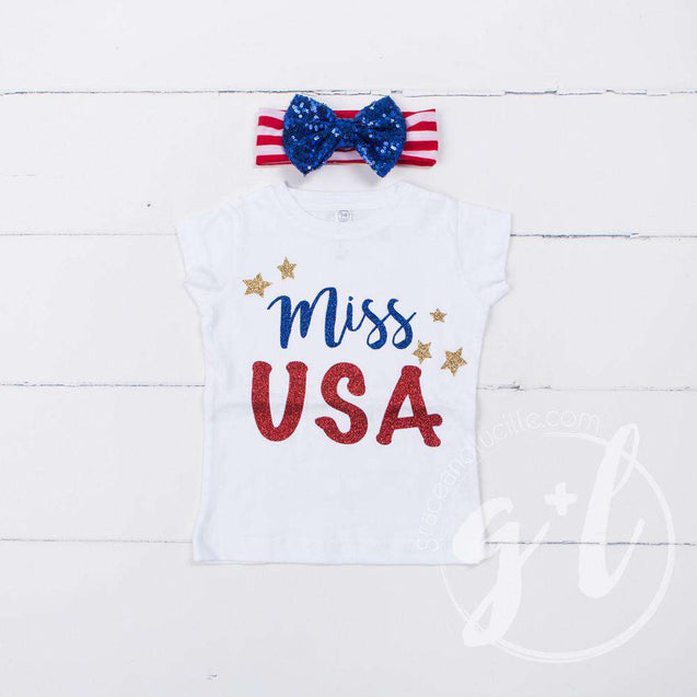 "Miss USA" 4th of July Tee Shirt Outfit &  Blue Sequin Bow on Red Stripe Headband - Grace and Lucille