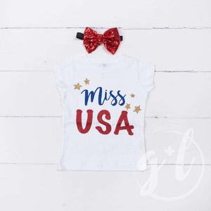 "Miss USA" 4th of July Tee Shirt Outfit &  Red Sequin Bow on Black Two-in-One Headband/Belt - Grace and Lucille