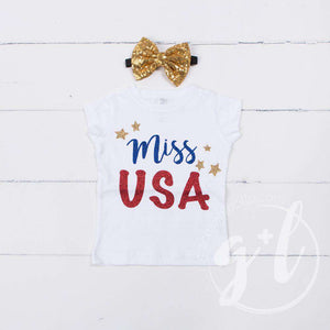 "Miss USA" 4th of July Tee Shirt Outfit & Gold Sequin Bow on Black Two-in-One Headband/Belt - Grace and Lucille