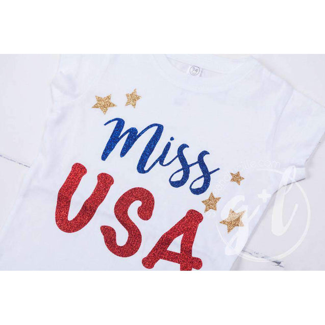 "Miss USA" 4th of July Tee Shirt Outfit &  Blue Sequin Bow on Red Stripe Headband - Grace and Lucille