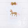 Prancing Unicorn Personalized Tee Shirt, Polka Dot Leggings & Gold Bow Headband Outfit - Grace and Lucille