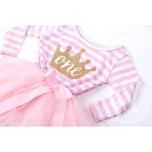 1st Birthday Dress Gold Crown "ONE" Pink Stripe Long Sleeves - Grace and Lucille