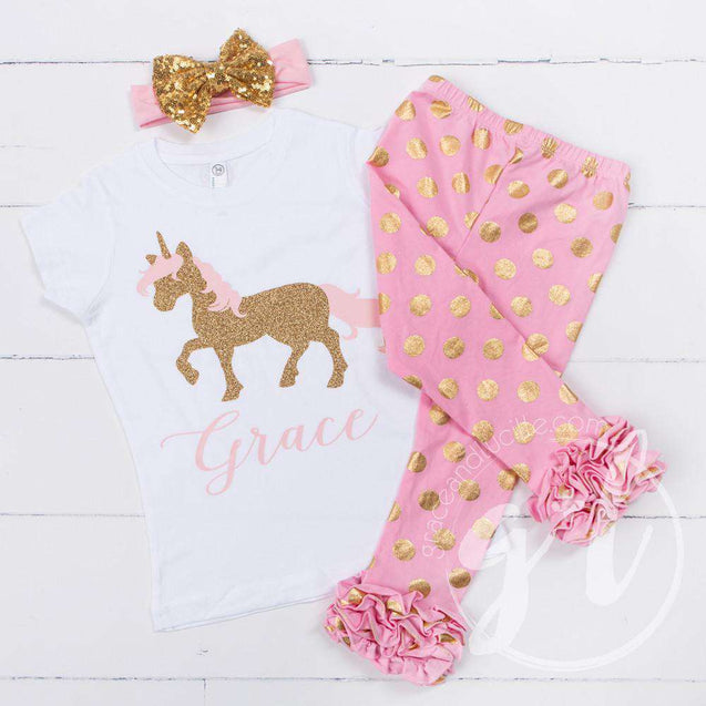 Prancing Unicorn Personalized Tee Shirt, Polka Dot Leggings & Gold Bow Headband Outfit - Grace and Lucille