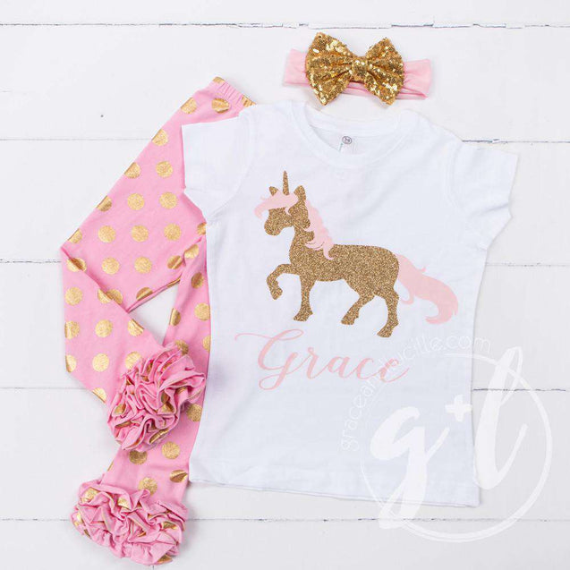 Prancing Unicorn Personalized Tee Shirt, Polka Dot Leggings & Gold Bow Headband Outfit - Grace and Lucille