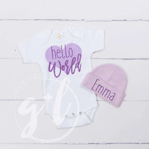 "Hello World" Purple Heart Onesie & Purple Beanie with "Her Name", Welcome Home Outfit - Grace and Lucille