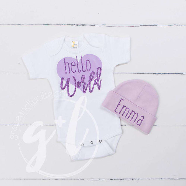 "Hello World" Purple Heart Onesie & Purple Beanie with "Her Name", Welcome Home Outfit - Grace and Lucille