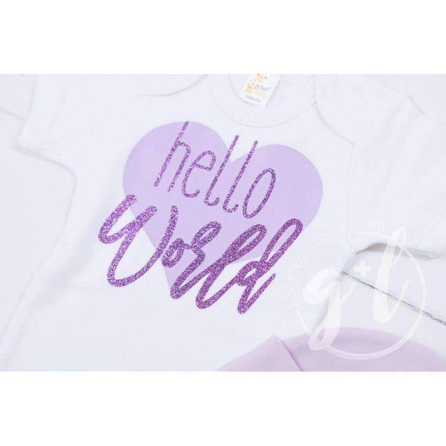 "Hello World" Purple Heart Onesie & Purple Beanie with "Her Name", Welcome Home Outfit - Grace and Lucille
