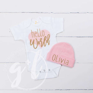 "Hello World" Pink Heart Onesie & Pink Beanie with "Her Name", Welcome Home Outfit - Grace and Lucille