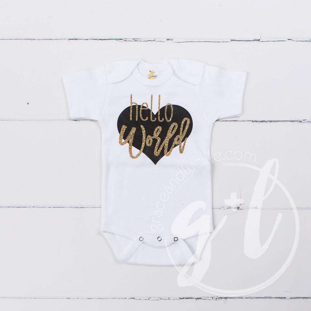 "Hello World" Black & Gold Heart Onesie & Gold Sequin Two-in-One Bow/Belt, Welcome Home Outfit - Grace and Lucille