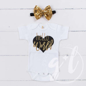 "Hello World" Black & Gold Heart Onesie & Gold Sequin Two-in-One Bow/Belt, Welcome Home Outfit - Grace and Lucille