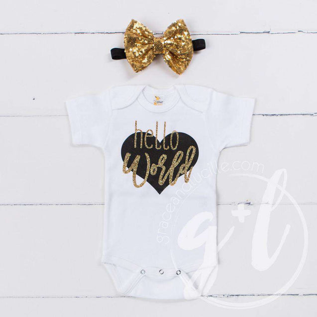 "Hello World" Black & Gold Heart Onesie & Gold Sequin Two-in-One Bow/Belt, Welcome Home Outfit - Grace and Lucille