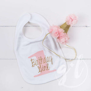 First Birthday Bib & Princess Party Hat Set, Sparkly Gold and Pink - Grace and Lucille