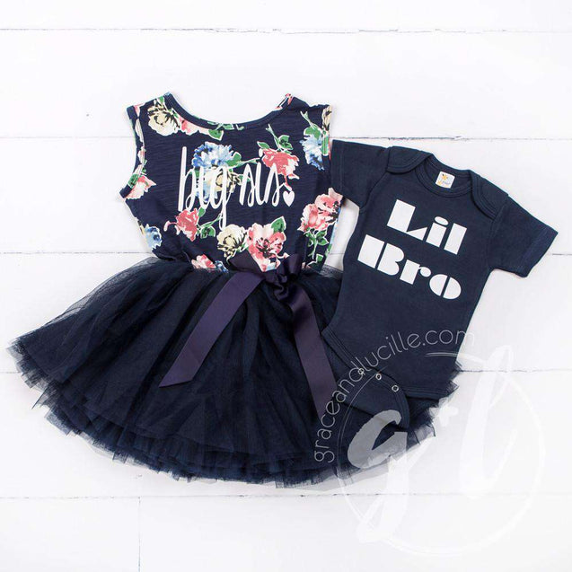Big Sis Navy Floral Sleeveless Tutu Dress, white lettering - Grace and Lucille