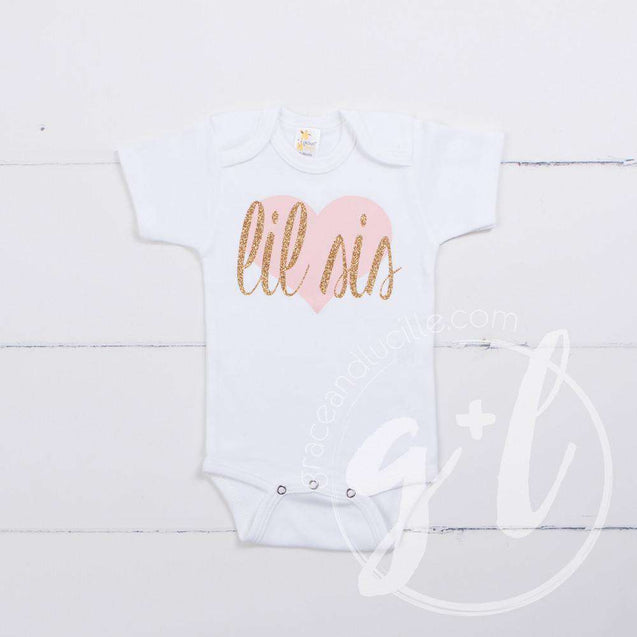 Lil Sis White Onesie Bodysuit with Pink/Gold Heart - Grace and Lucille