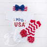 "Miss USA" 4th of July Onesie Outfit, Red Chevron Leg Warmers & Blue Sequin Bow Headband - Grace and Lucille