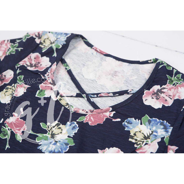 "Mommy & Me" Ladies Navy Floral Cross Neck Tee Shirt - Grace and Lucille