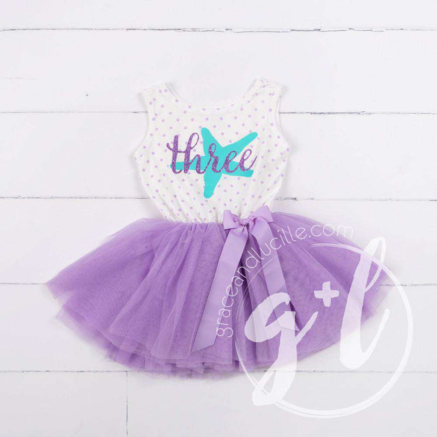 3rd Birthday Outfit Starfish & THREE on Purple Polka Dot Sleeveless Dress, Purple/Silver Party Hat - Grace and Lucille