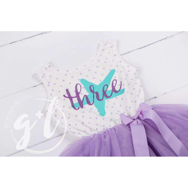 3rd Birthday Outfit Starfish & THREE on Purple Polka Dot Sleeveless Dress, Purple/Silver Party Hat - Grace and Lucille