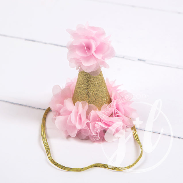 5th Birthday Dress Heart of Gold "FIVE" Cranberry Floral Long Sleeve Dress Combo with Pink Party Hat - Grace and Lucille