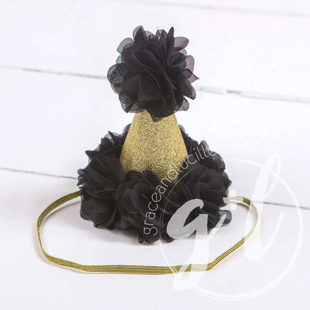 3rd Birthday Dress Gold "THREE" Script Black Floral Long Sleeve Dress Combo with Gold Party Hat - Grace and Lucille