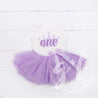 1st Birthday Outfit "ONE" Crown Purple Polka Dot Sleeveless Dress & Purple Party Hat - Grace and Lucille