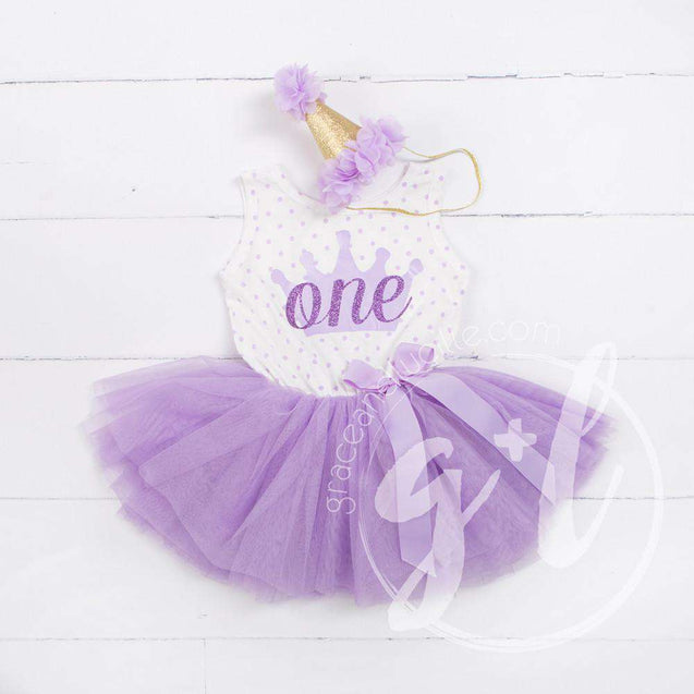 1st Birthday Outfit "ONE" Crown Purple Polka Dot Sleeveless Dress & Purple Party Hat - Grace and Lucille