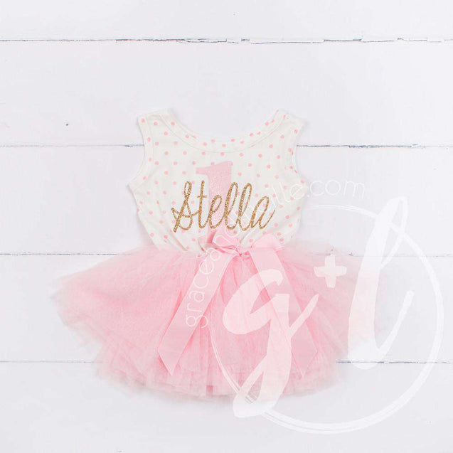 1st Birthday Outfit "Her Name" & 1" Pink Polka Dot Sleeveless Dress & Pink Party Hat - Grace and Lucille