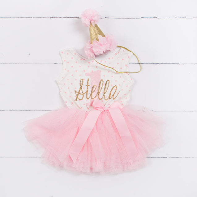 1st Birthday Outfit "Her Name" & 1" Pink Polka Dot Sleeveless Dress & Pink Party Hat