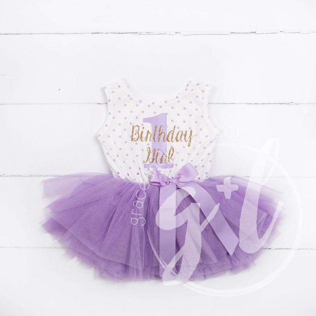 1st Birthday Outfit "Birthday Girl & 1" Purple Polka Dot Sleeveless Dress & Purple Party Hat - Grace and Lucille