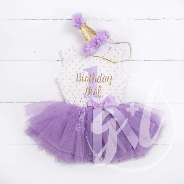 1st Birthday Outfit "Birthday Girl & 1" Purple Polka Dot Sleeveless Dress & Purple Party Hat - Grace and Lucille