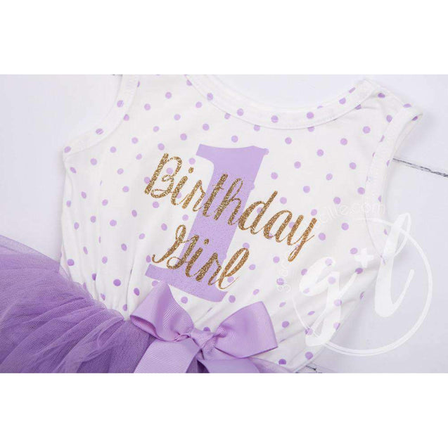 1st Birthday Outfit "Birthday Girl & 1" Purple Polka Dot Sleeveless Dress & Purple Party Hat - Grace and Lucille
