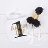 First Birthday Bib & Princess Party Hat Set, Sparkly Gold and Black - Grace and Lucille