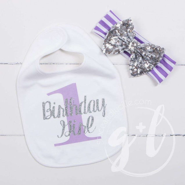 First Birthday Bib & Sequin Bow Headband Set, Sparkly Silver and Purple Stripe - Grace and Lucille