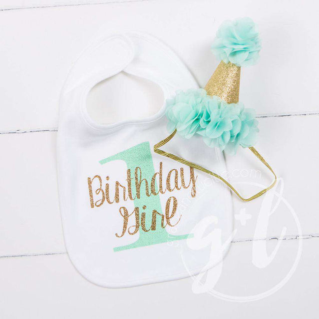 First Birthday Bib & Princess Party Hat Set, Sparkly Gold and Mint - Grace and Lucille