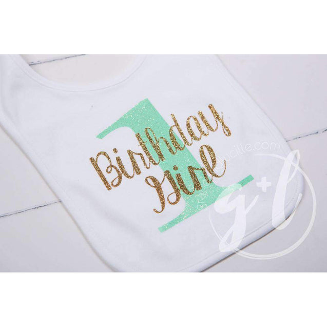 First Birthday Bib & Princess Party Hat Set, Sparkly Gold and Mint - Grace and Lucille