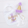 First Birthday Bib & Princess Party Hat Set, Sparkly Gold and Purple - Grace and Lucille
