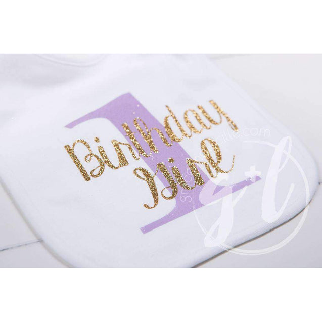First Birthday Bib & Princess Party Hat Set, Sparkly Gold and Purple - Grace and Lucille
