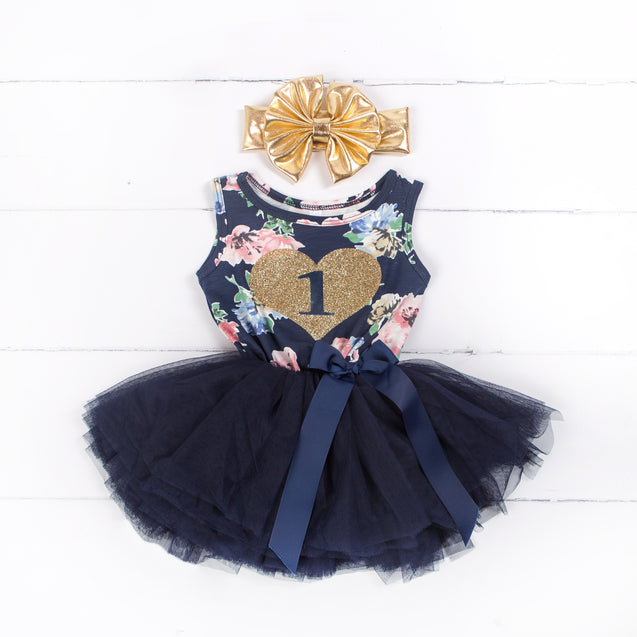 1st Birthday Outfit Gold Heart "1" Navy Floral Sleeveless Tutu Dress & Gold Headband