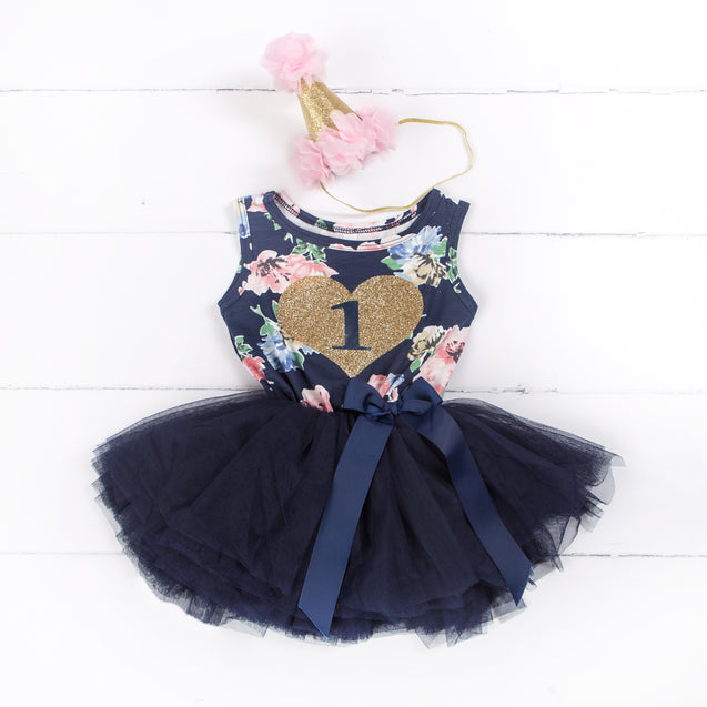 1st Birthday Outfit Gold Heart "1" Navy Floral Sleeveless Tutu Dress & Pink Party Hat
