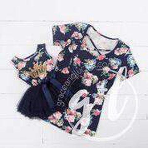 2nd Birthday Dress Gold Heart "TWO" on Navy Floral Sleeveless Tutu Dress - Grace and Lucille