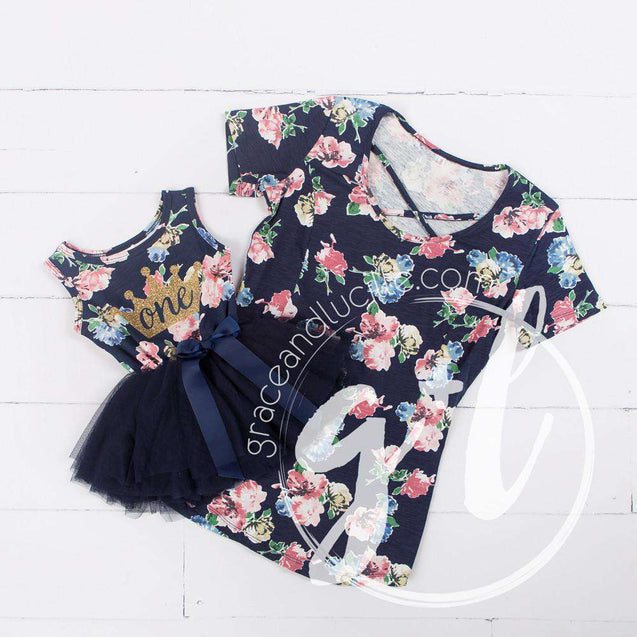 1st Birthday Outfit Gold Heart "1" Navy Floral Sleeveless Tutu Dress & Gold Headband - Grace and Lucille