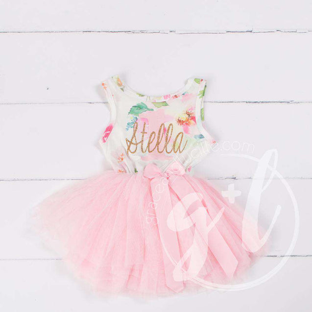 Pink Floral "Her Name" Sleeveless Tutu Dress & Pink Party Hat - Grace and Lucille